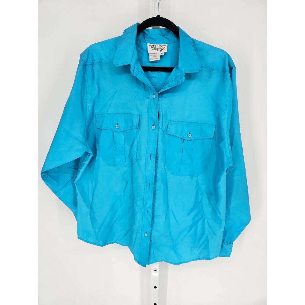 Shapely Women's Long Sleeve Blue Collared Neck Pocket Button Down Top Size M